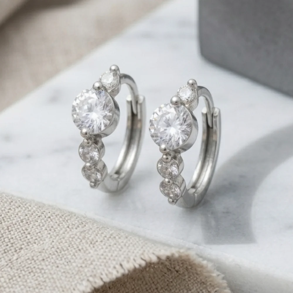 Dainty Sterling Silver CZ Huggie Hoop Earrings 0.45
